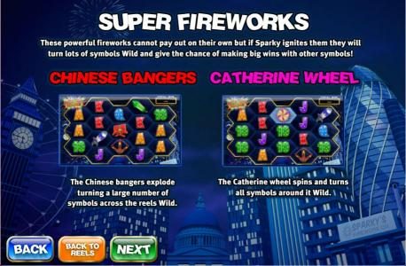 Super Fireworks. These powerful fireworks cannot pay out on their own but if sparky ignites them they will turn lots of symbols wild and give the chance of making big wins with other symbols.