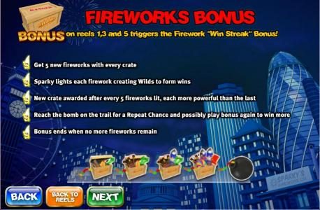 Bonus symbol on reels 1, 3 and 5 triggers the firework win streak bonus