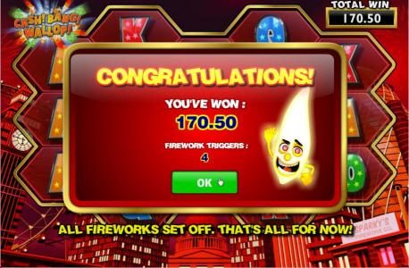 Fireworks Bonus pays off big with a total jackpot of 170.50 coins