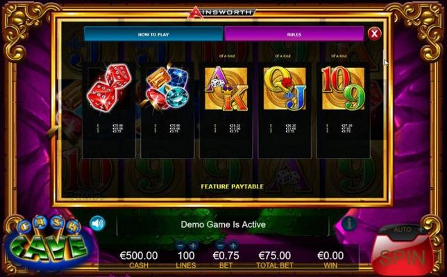 Slot game symbols feature paytable.