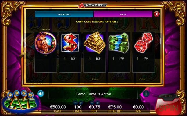 Cash Cave High Value Feature Paytable