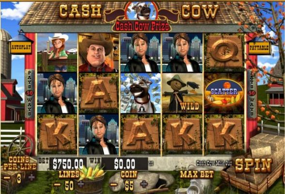 A farm animal themed main game board featuring five reels and 50 paylines with a $250,000 max payout.