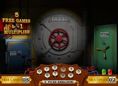 The first safe opens and awards 5 free games and a +1 multiplier