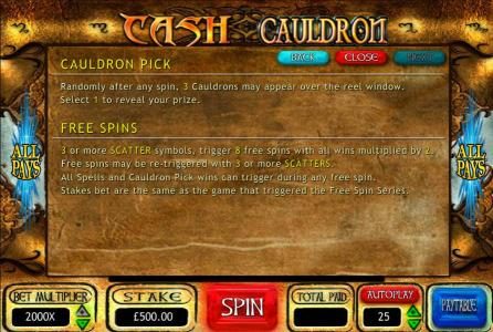 Cauldron Pick Feature and Free Spins rules