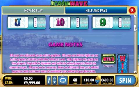 Slot game symbols paytable - continued and game notes
