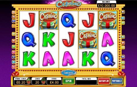 main game board featuring five reels, twenty paylines and a $250,000 max payout