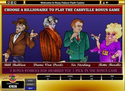 choose a billlionaire to play the cashville bonus game