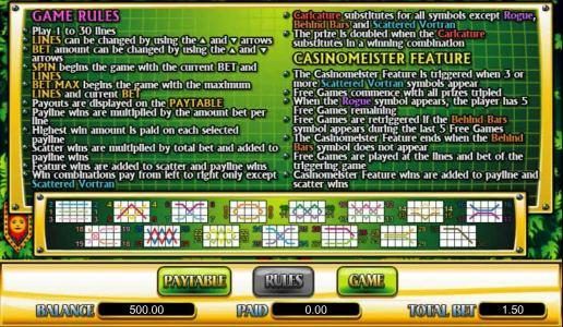 game rules, feature and payline diagrams