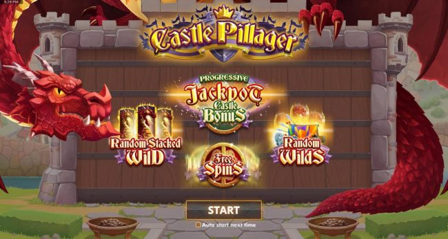 Game features include: Random Stacked Wilds, Free Spins, Random Wilds and Castle Bonus Jackpot!