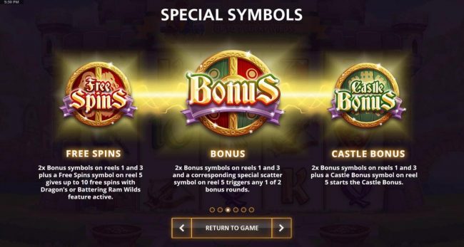 Free Spins, Bonus and Castle Bonus symbols and rules