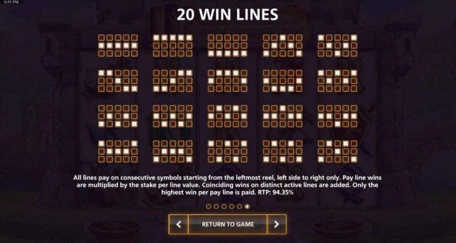 Payline Diagrams 1-20. Theoretical return to player for this game is 94.35%.