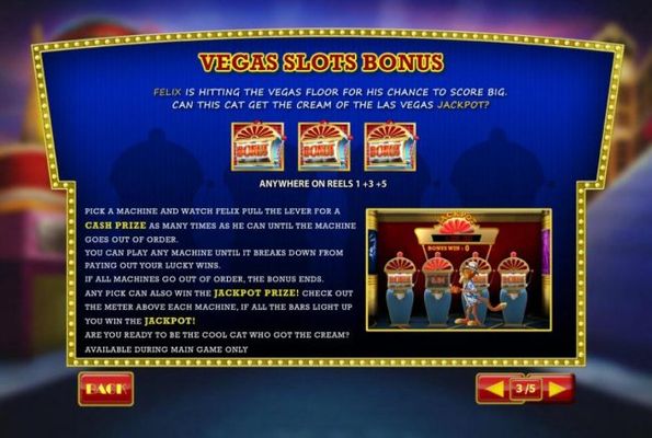Vegas Slot Bonus is triggered when three bonus icons appear anywhere on reels 1, 3 and 5.