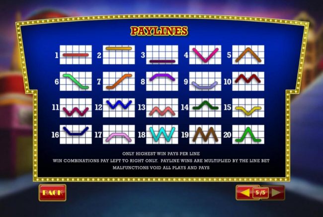 Payline Diagrams 1-20. Only highest win pays per line. Win combinations pay left to right. Payline wins are multiplied by the line bet.