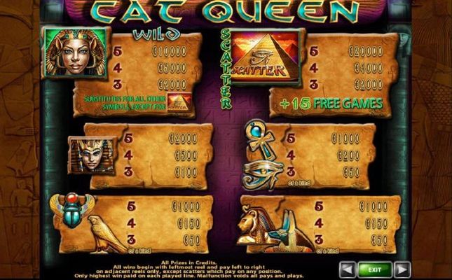 Slot game symbols paytable featuring ancient Egyptian themed icons.