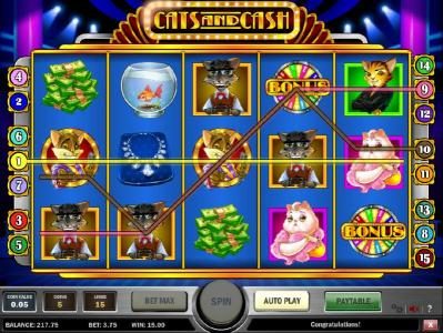 multiple winning paylines triggers a 15 coin jackpot