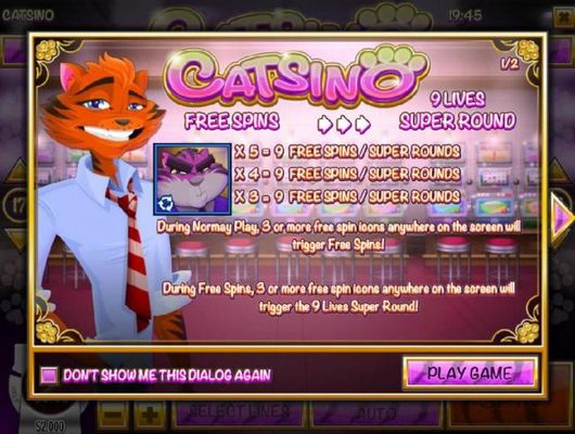 game features include Free Spins and 9 Lives Super Round.