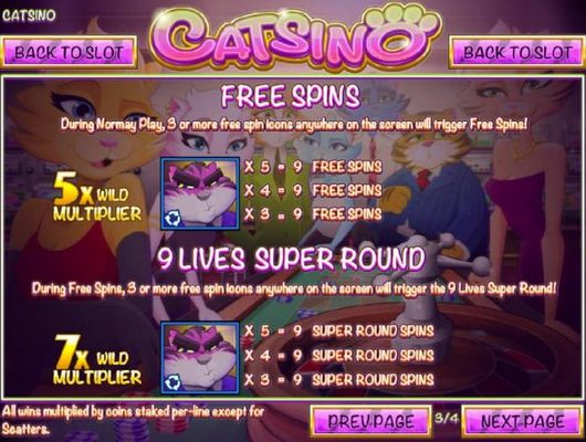 During normal play, 3 or more free spin icons anywhere on the screen will trigger Free Spins. 3 or more free spins icons anywhere on screen during Free Spins will trigger the 9 Lives Super Round.