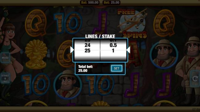 Click the stakes and Lines button to change the coin value or lines played