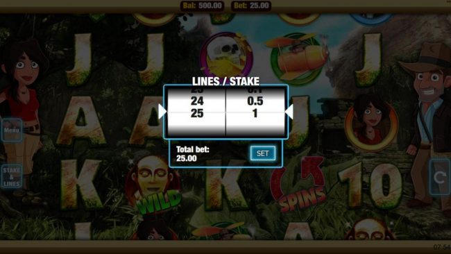 Click the stakes and Lines button to change the coin value or lines played