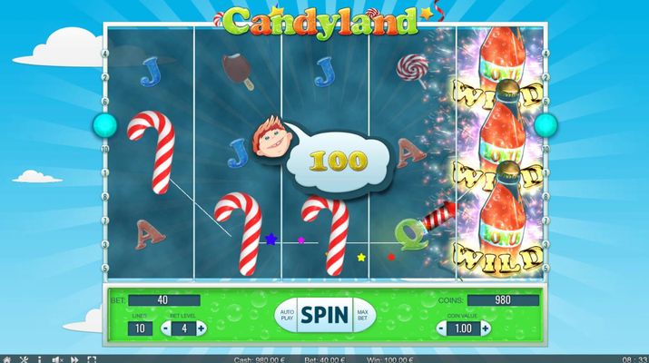 Candyland :: Stacked wild triggers free spins feature
