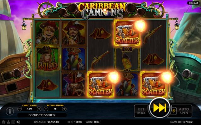 Caribbean Cannons :: Scatter symbols triggers the free spins bonus feature