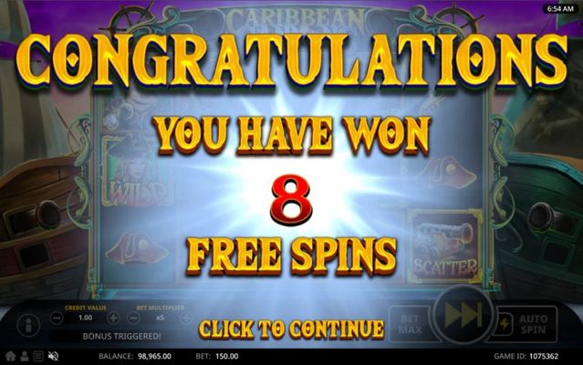 8 free spins awarded