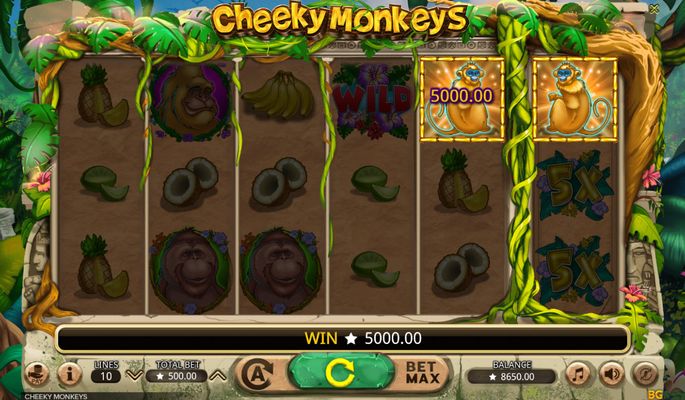 Cheeky Monkeys :: Opposing symbols triggers High Five feature and a big pay out