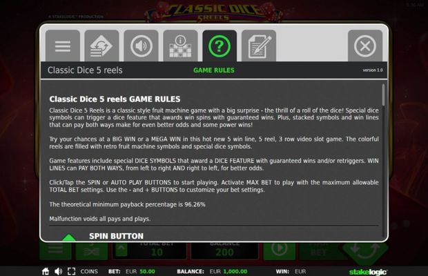 Classic Dice 5 Reels :: General Game Rules