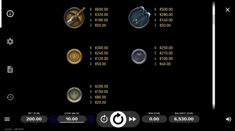 Conan :: Paytable - Low Value Symbols