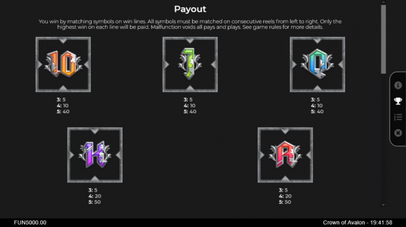 Crown of Avalon :: Paytable - Low Value Symbols