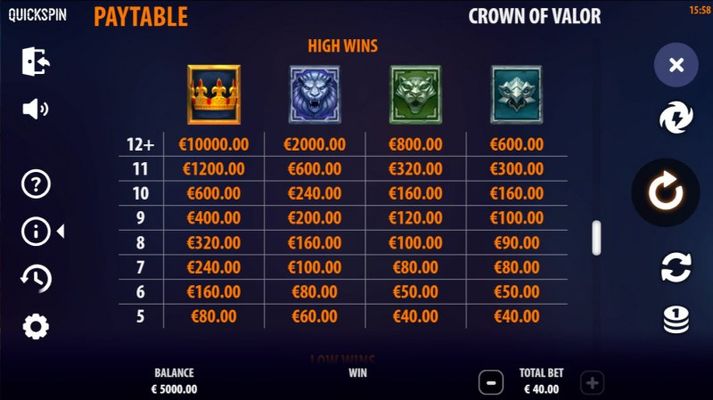 Crown of Valor :: Paytable - High Value Symbols