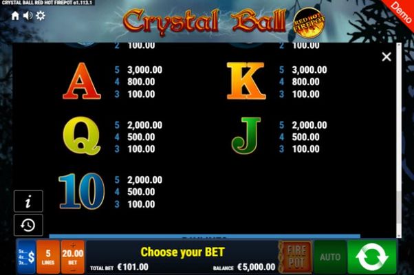 Crystal Ball Red Hot Fire Pot :: Paytable - Low Value Symbols