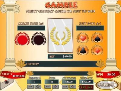 Gamble feature is available after each winning spin. Select color or suit to play.