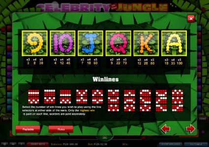 Slot game symbols paytable and payline diagrams