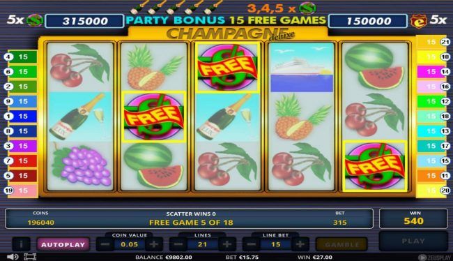 Free Spins Game Board - Getting 3 or more scatter symbols during the free spins feature will re-trigger the feature adding an additional 15 free games.