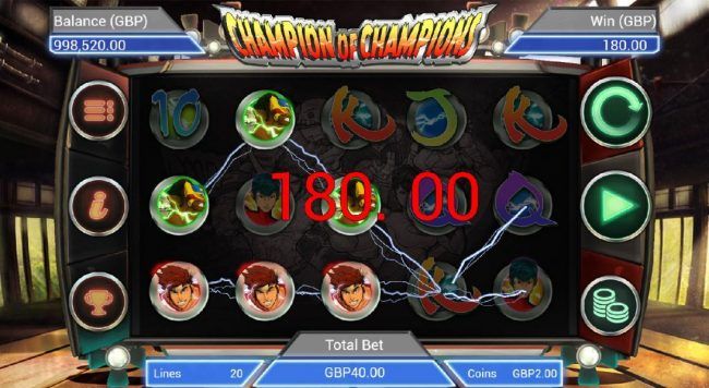 Multiple winning paylines triggers a 180.00 jackpot pay out.