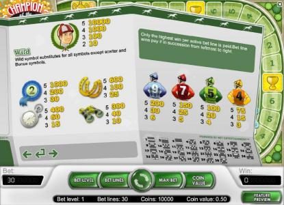 wild and slot game symbols paytable along with payline diagrams