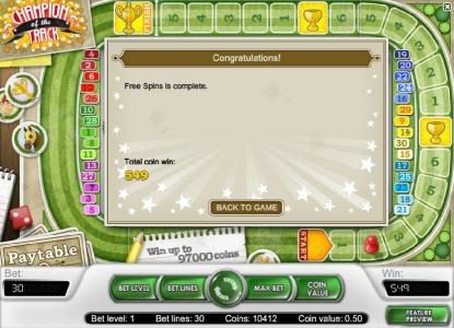 after the third and final race the total win was 549 coins paid out during the free spins feature