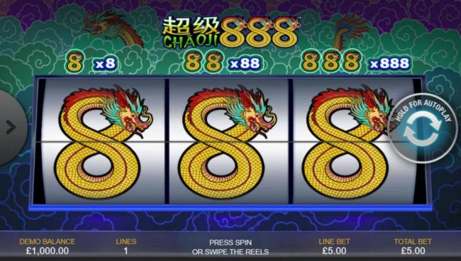A Chinese snake themed main game board featuring three reels and 1 payline with a $4,440 max payout