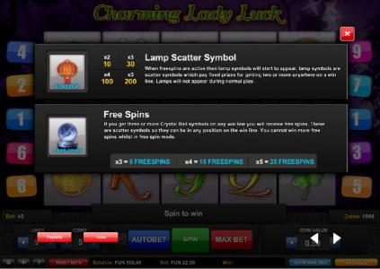 Lamp scatter Symbol paytable and Free Spins rules and paytable