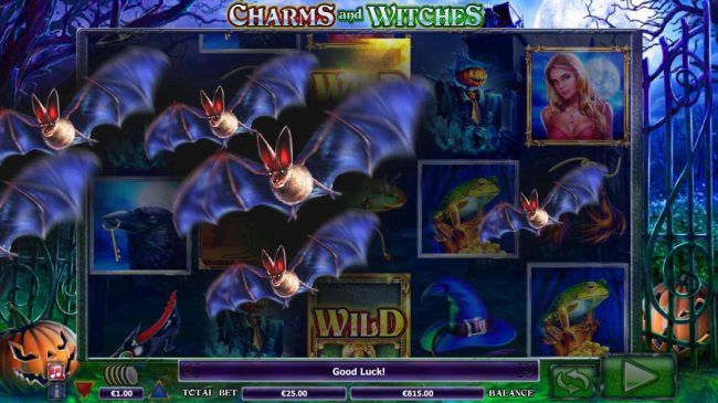 Spooky Bats Bonus triggered - a swarm of bats fly across the reels randomly changing symbols into wilds.