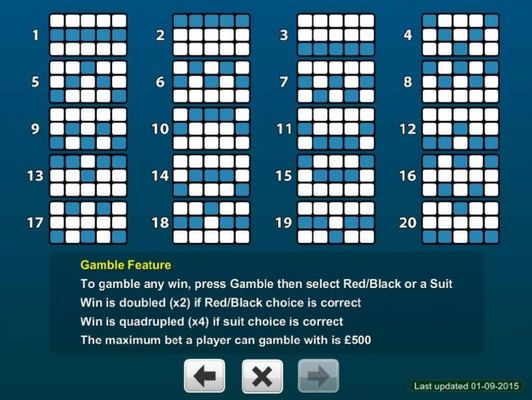 Payline Diagrams 1-20 and Gamble Feature Rules