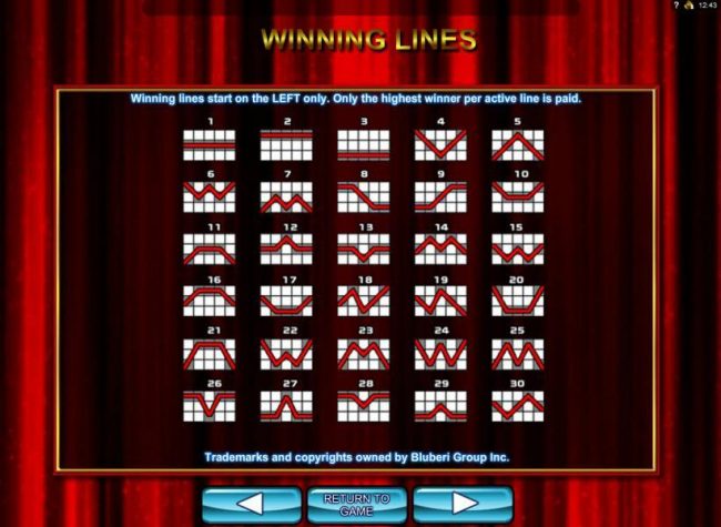 Payline Diagrams 1-30. Winning lines start on left only. Only the highest winner per active line is paid.
