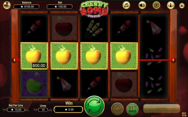 A four of a kind yellow cherry bombs triggers an 800.00 jackpot.