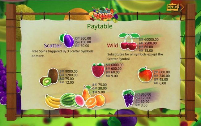 Slot game symbols paytable.