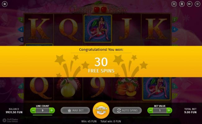 Player is awarded 30 free spins for landing 3 scatter symbols on the reels.
