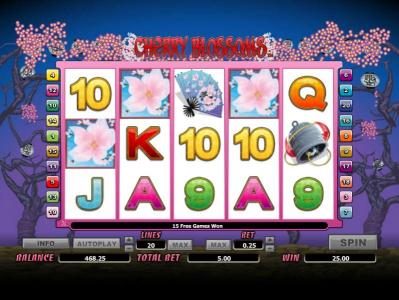 three cherry blossom symbols triggers 15 free games