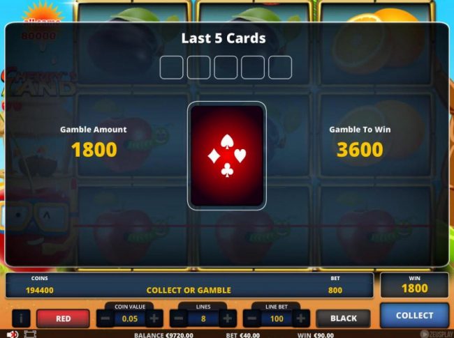 Gamble Feature - To gamble any win press Gamble then select Red or Black.