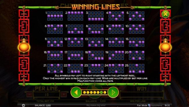 Winning Lines 1-25 - All symbols pay left to right starting with the leftmost reel