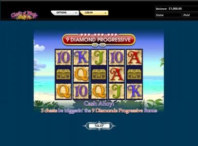 Chests of Plenty slot game cash ahoy! 3 chests be triggerin' the 9 diamonds progressive bonus